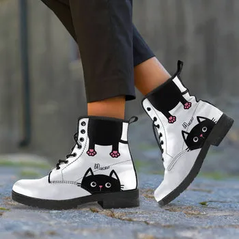 Black Cat Print on Demand Artwork Women's Fur Trimmed Combat Style Boots