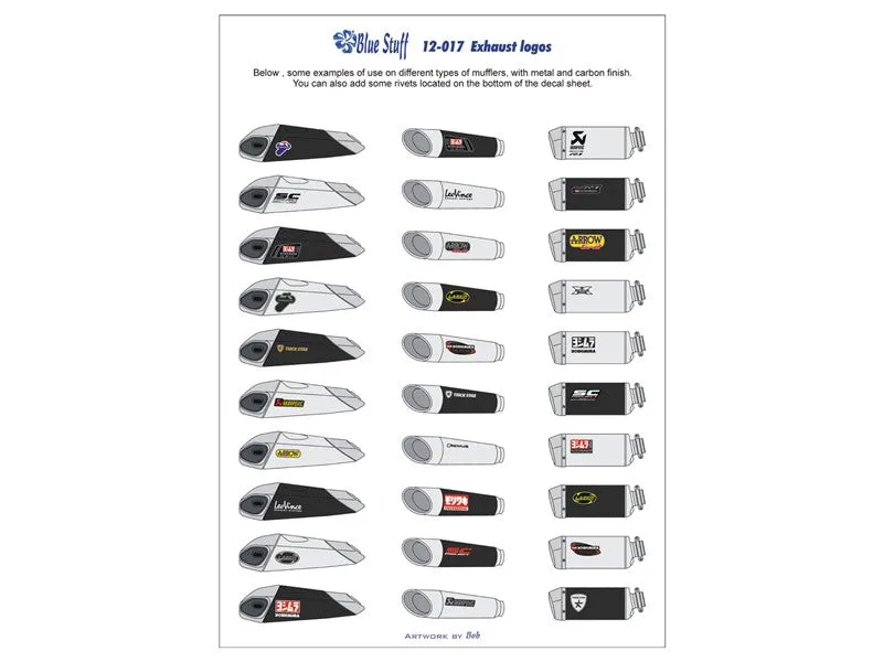 Blue Stuff Motorcycle Exhaust logos - 1/12 Scale