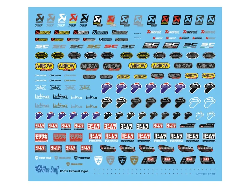 Blue Stuff Motorcycle Exhaust logos - 1/12 Scale