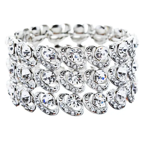 Bridal Wedding Jewelry Crystal Rhinestone Cycle Shape Cut Wide Bracelet Silver