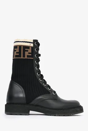 Fendi Black Leather Zucca Sock Combat Boots Size 35