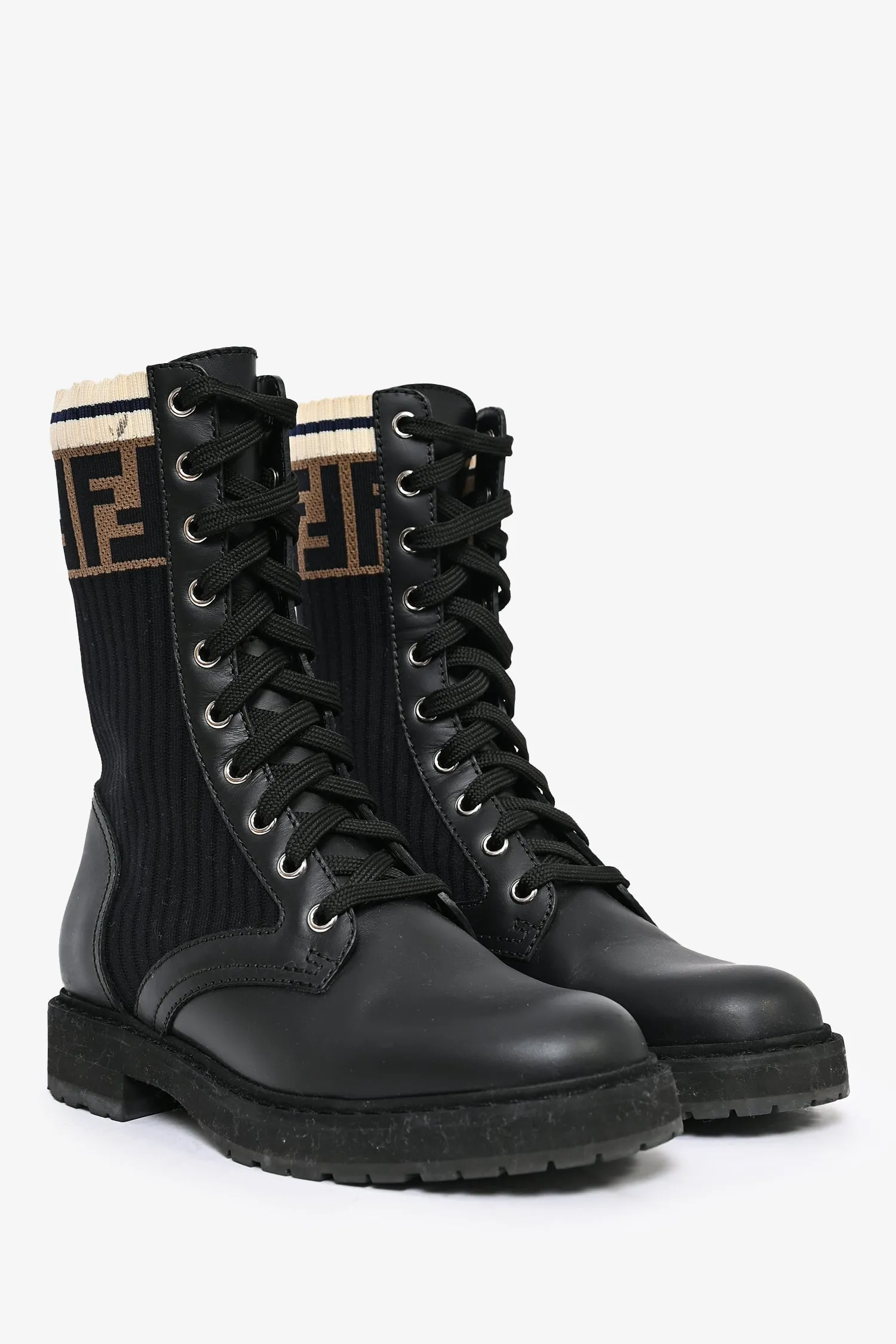 Fendi Black Leather Zucca Sock Combat Boots Size 35