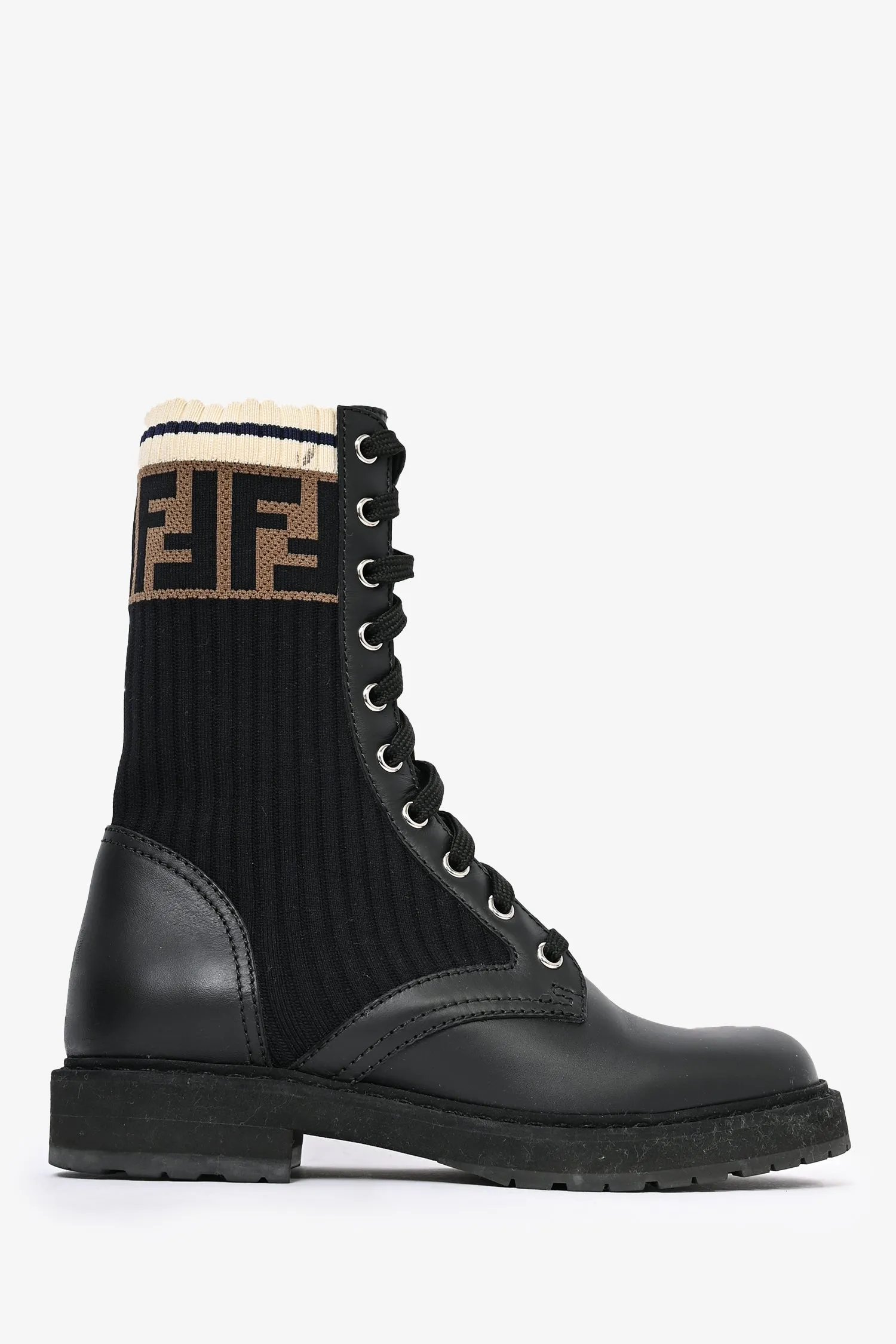 Fendi Black Leather Zucca Sock Combat Boots Size 35