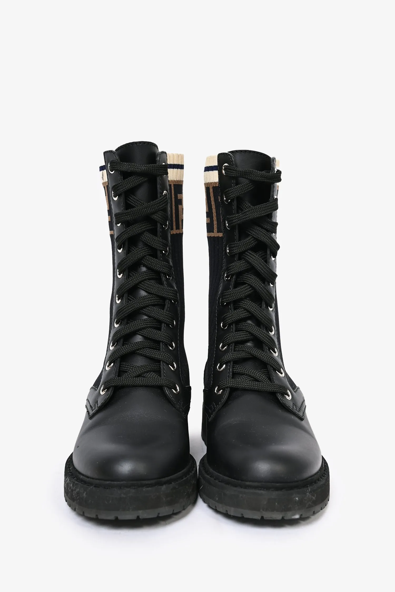 Fendi Black Leather Zucca Sock Combat Boots Size 35
