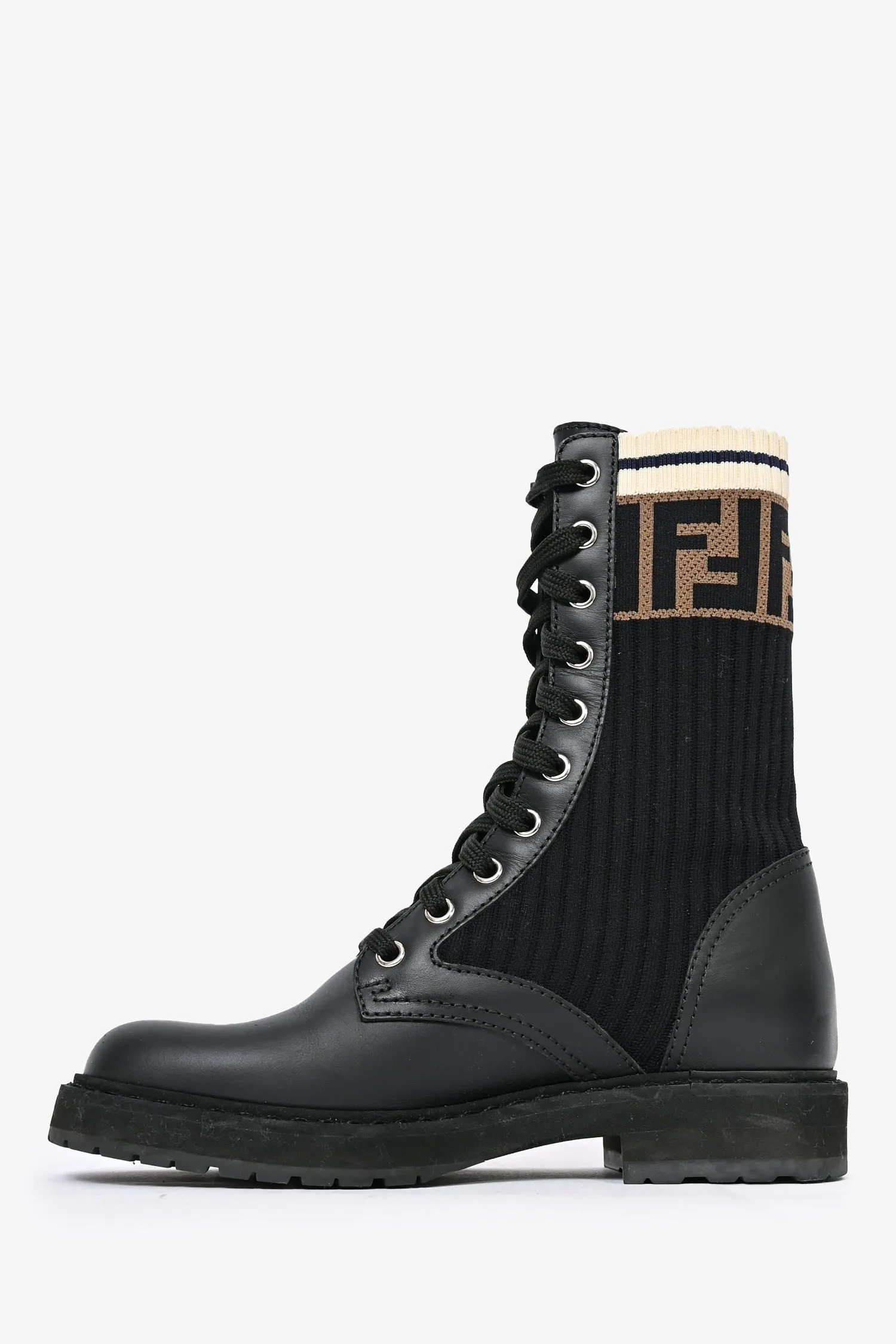 Fendi Black Leather Zucca Sock Combat Boots Size 35