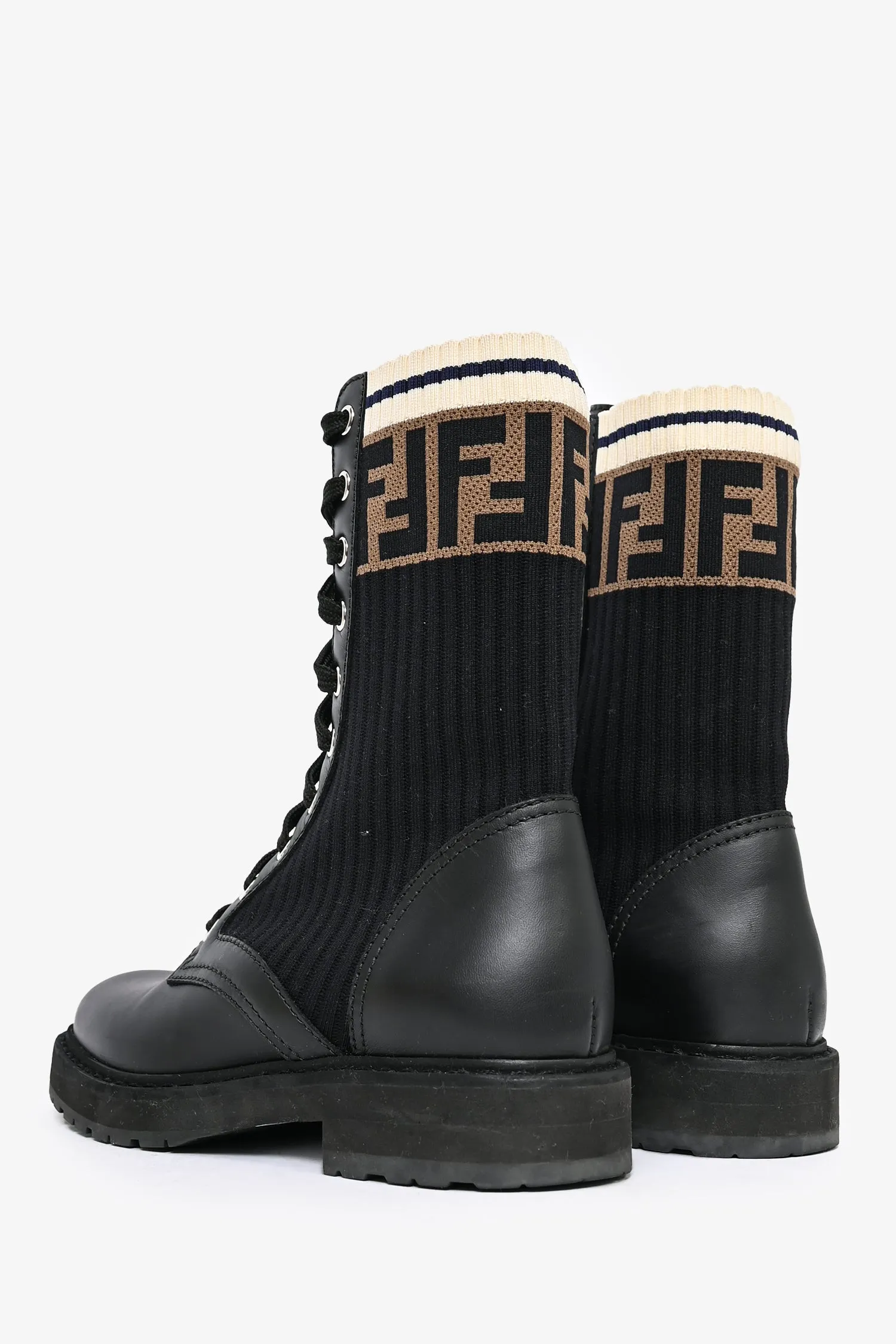 Fendi Black Leather Zucca Sock Combat Boots Size 35