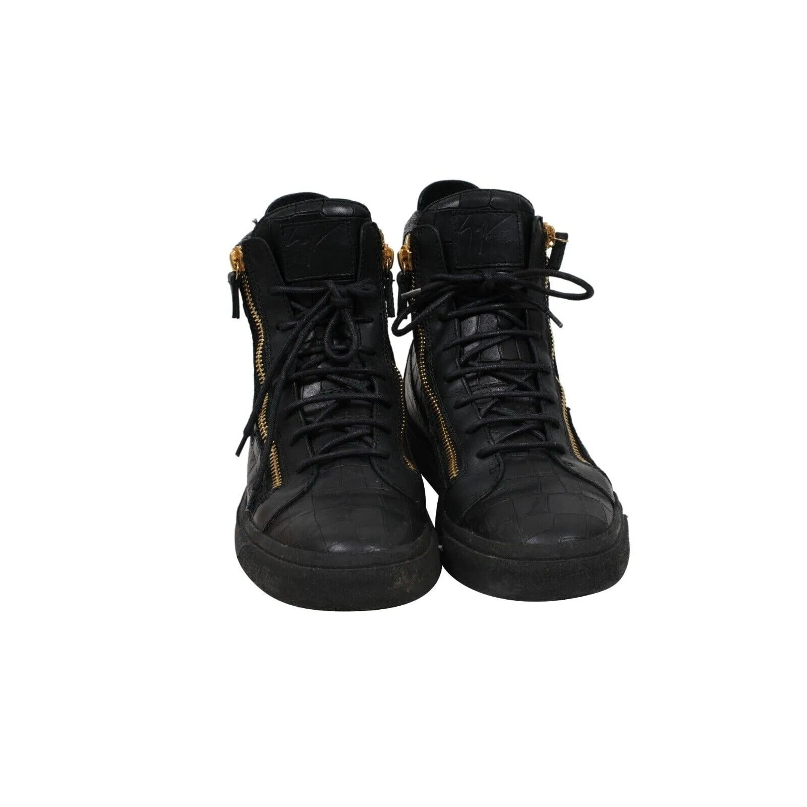 High Top Sneakers Black Gold Croc Embossed Gold Side Zipper