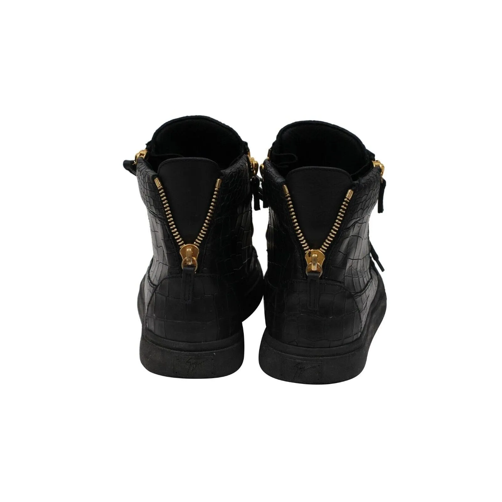 High Top Sneakers Black Gold Croc Embossed Gold Side Zipper