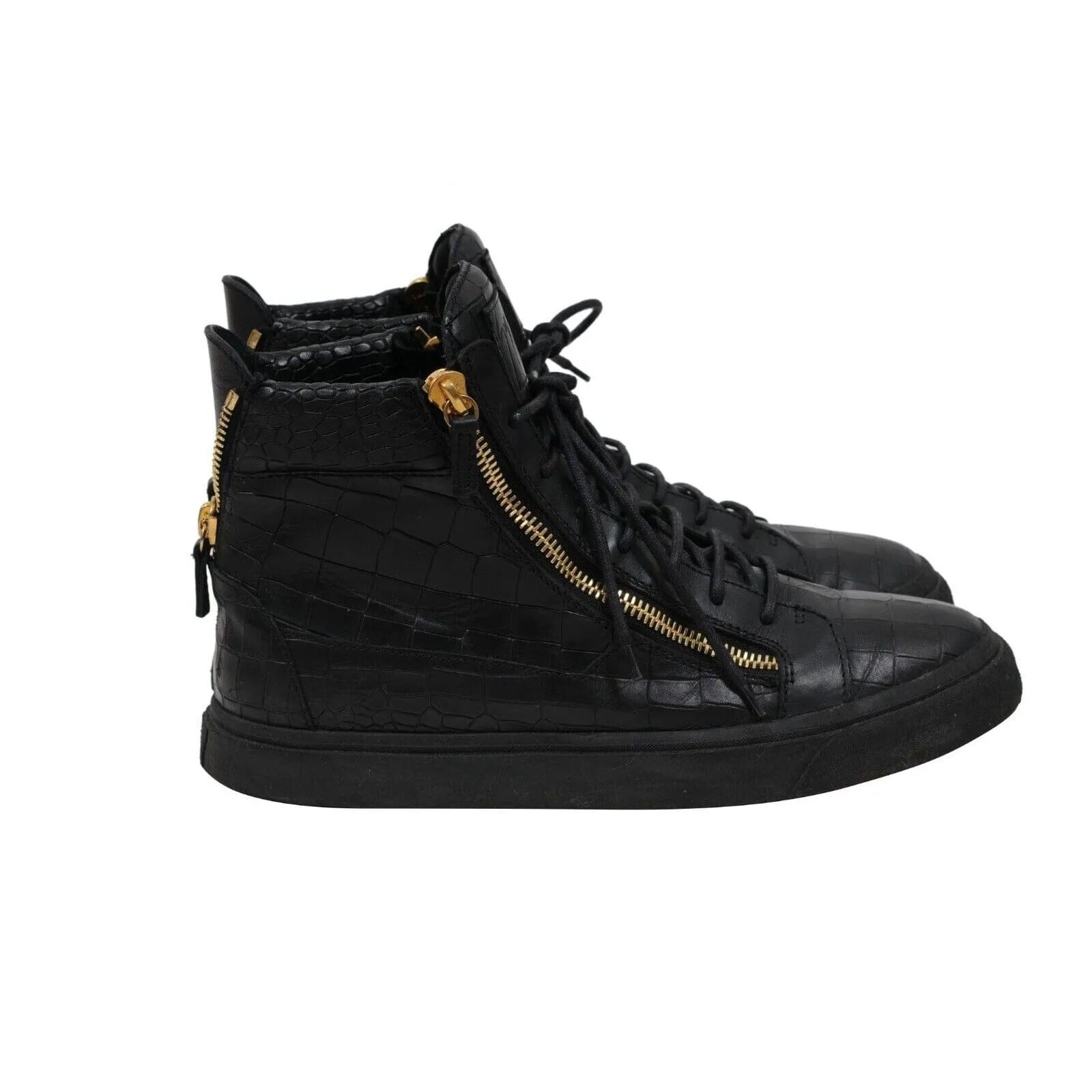 High Top Sneakers Black Gold Croc Embossed Gold Side Zipper