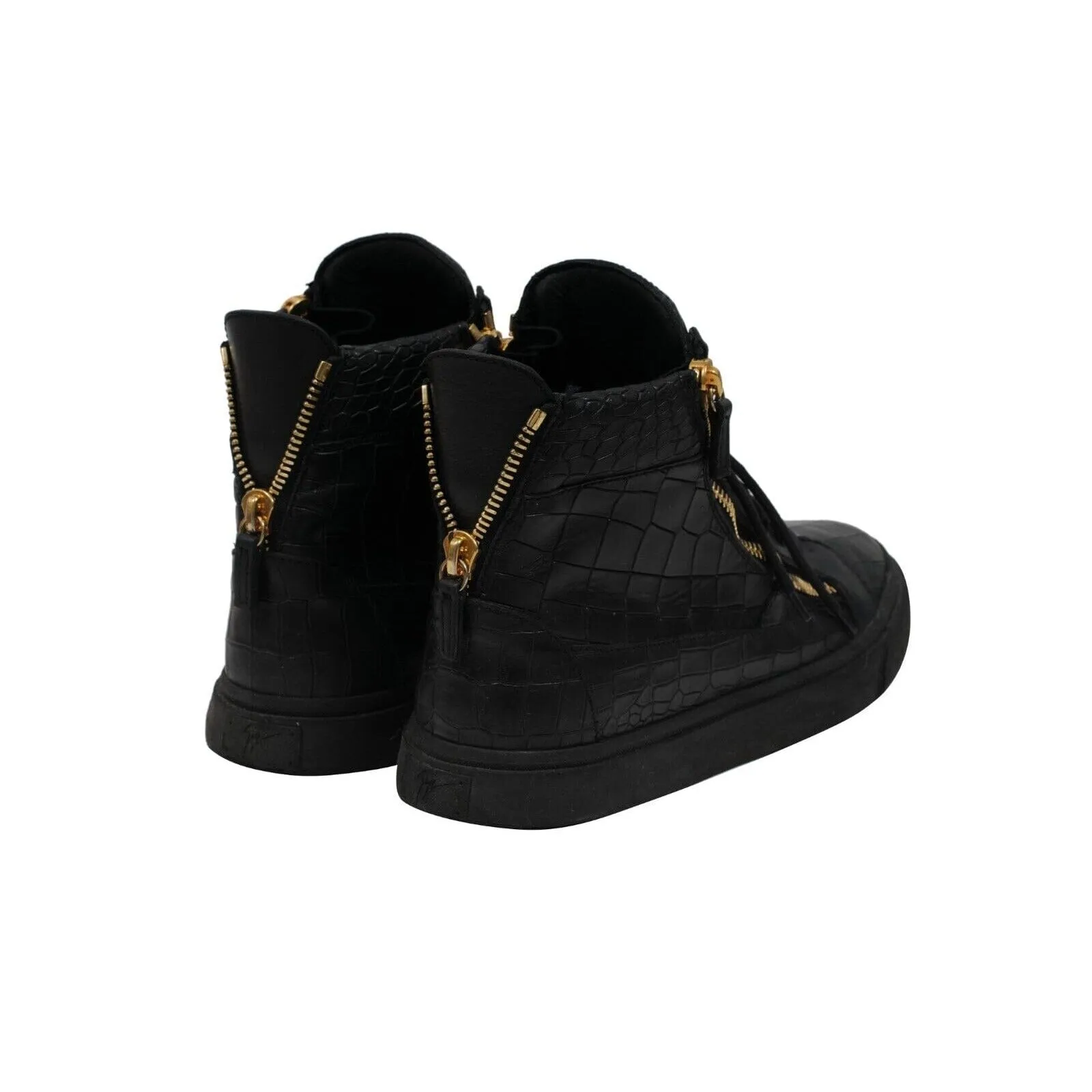 High Top Sneakers Black Gold Croc Embossed Gold Side Zipper