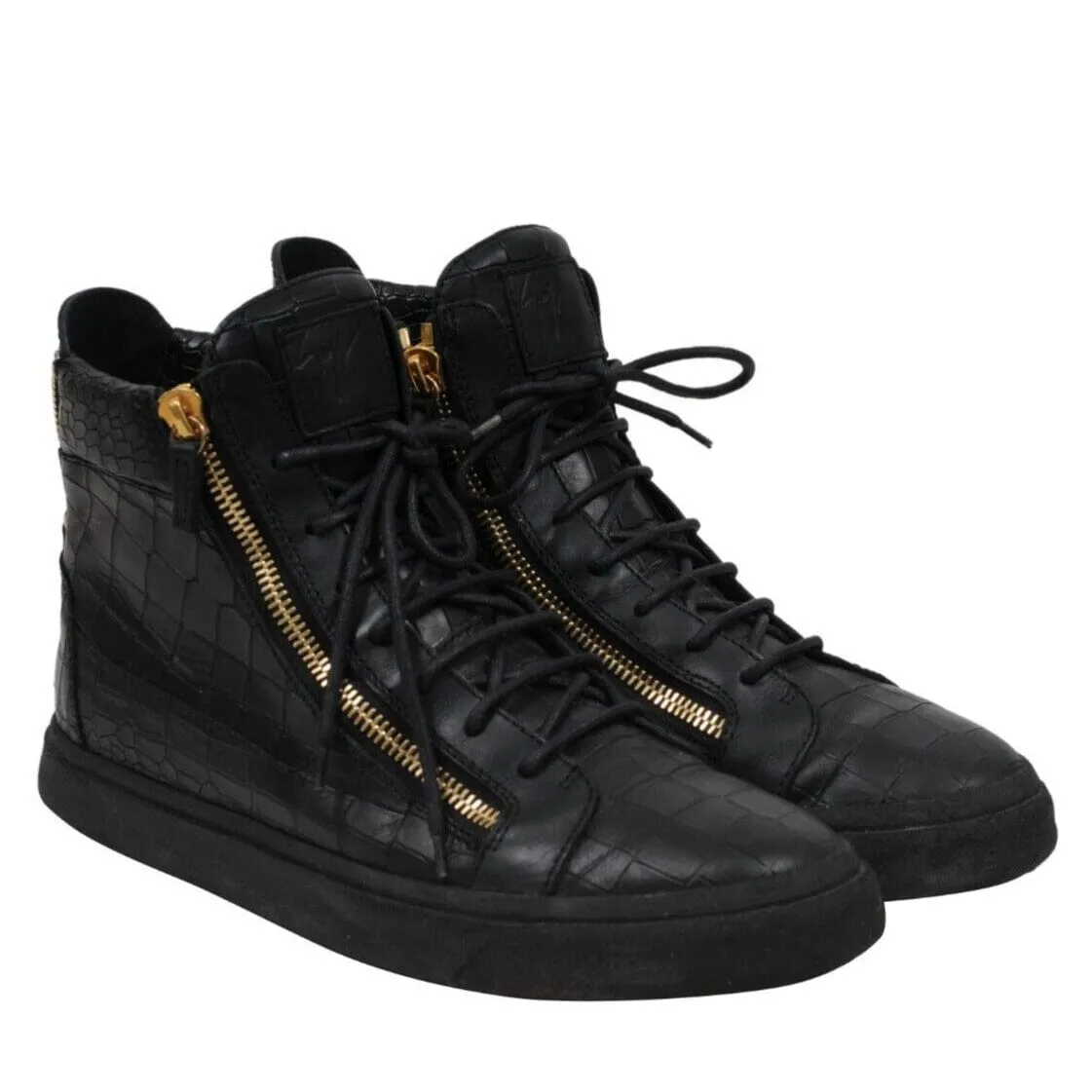 High Top Sneakers Black Gold Croc Embossed Gold Side Zipper