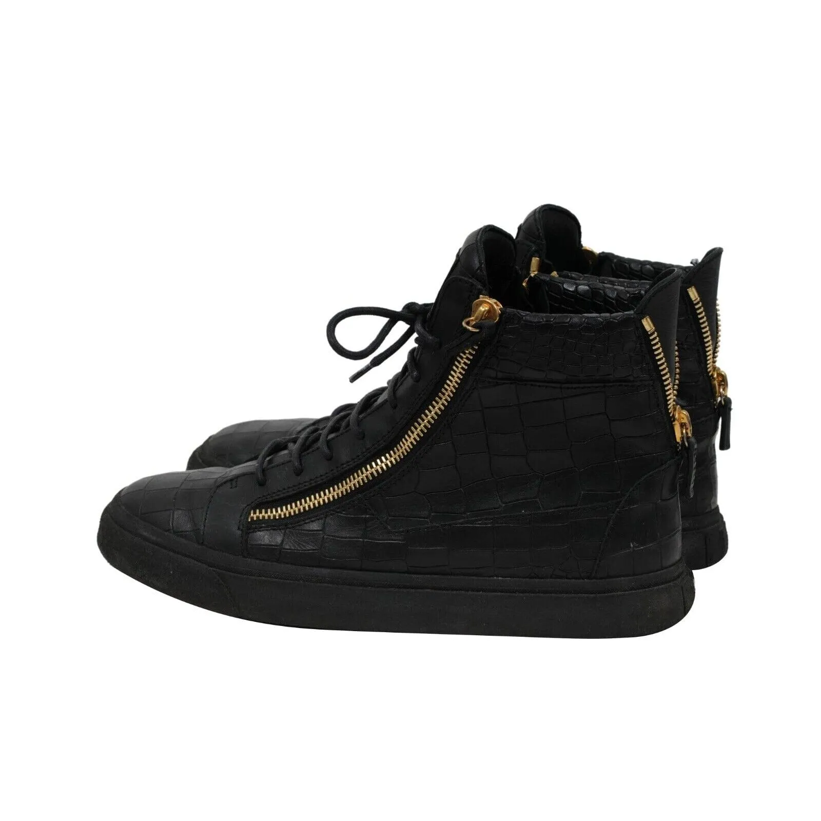 High Top Sneakers Black Gold Croc Embossed Gold Side Zipper