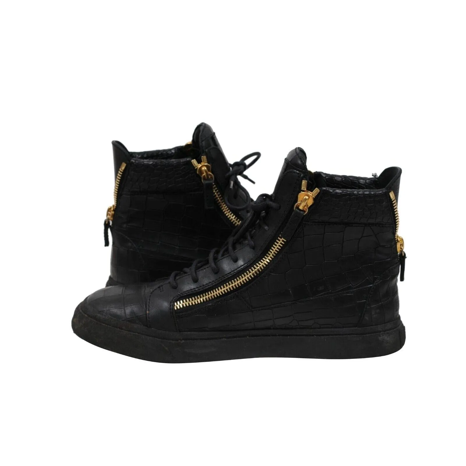 High Top Sneakers Black Gold Croc Embossed Gold Side Zipper