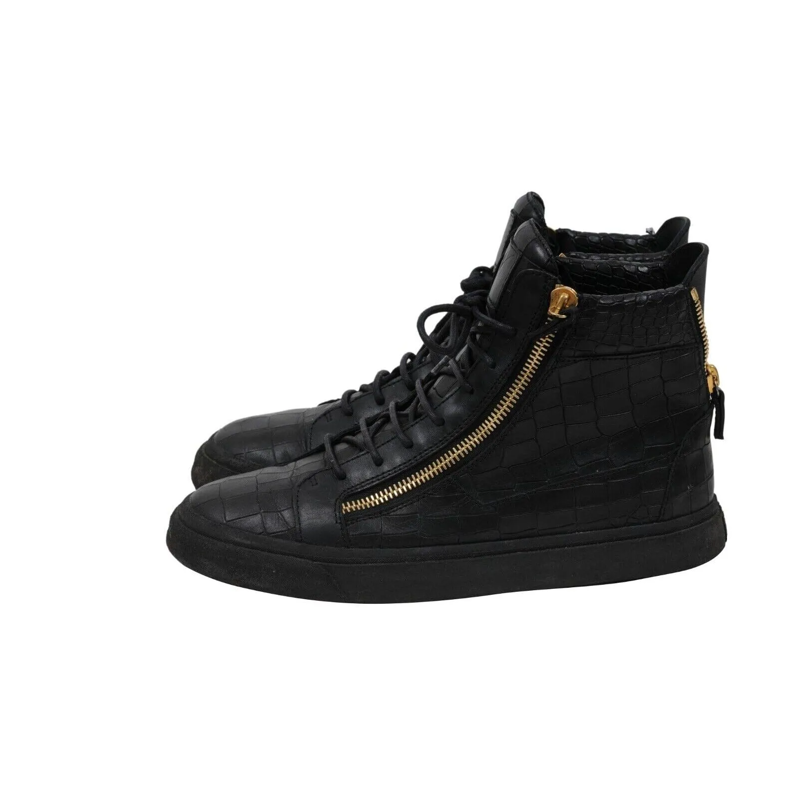 High Top Sneakers Black Gold Croc Embossed Gold Side Zipper