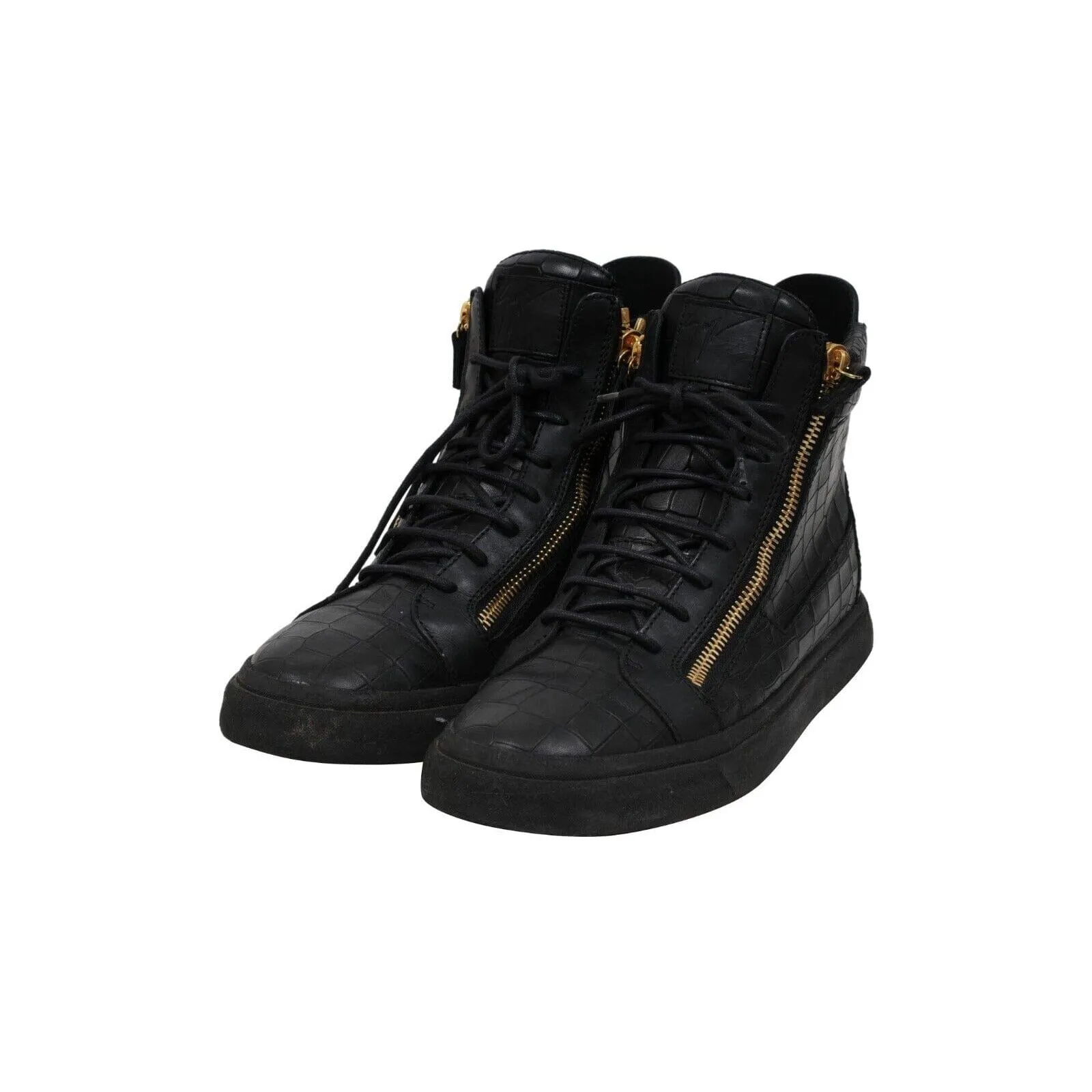 High Top Sneakers Black Gold Croc Embossed Gold Side Zipper