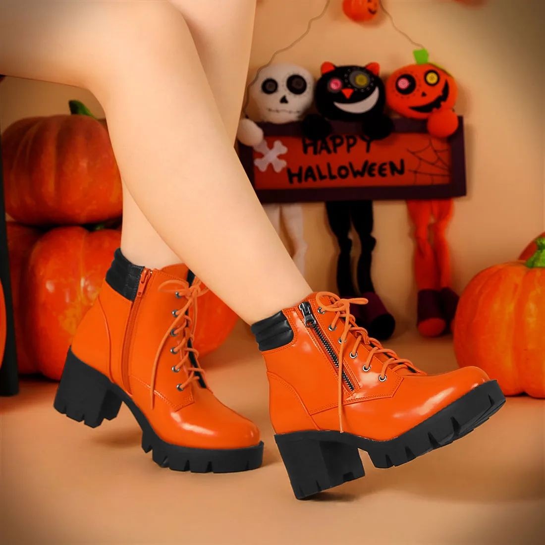 Lug Sole Zip Combat Block Heel Ankle Boots