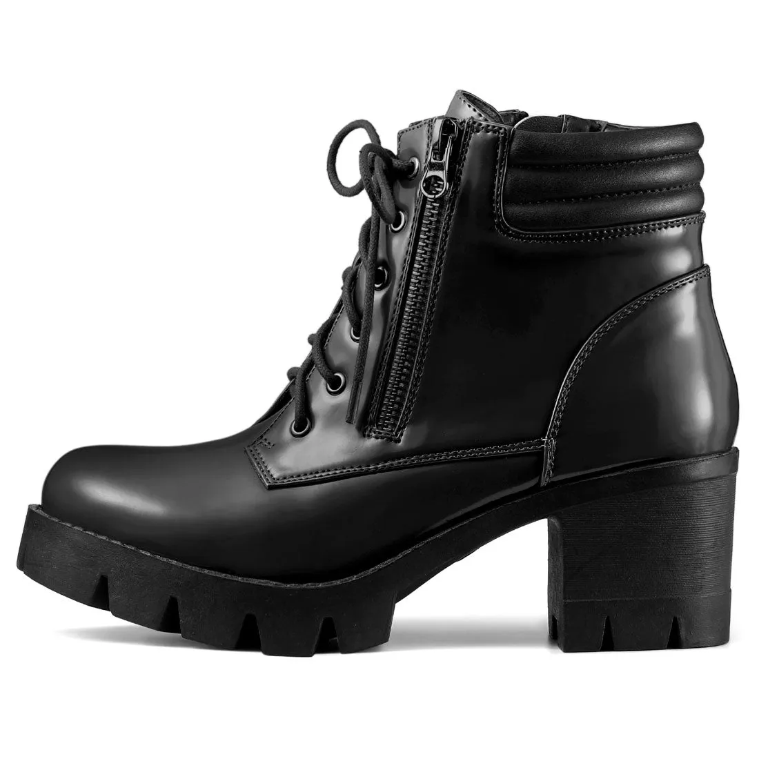 Lug Sole Zip Combat Block Heel Ankle Boots