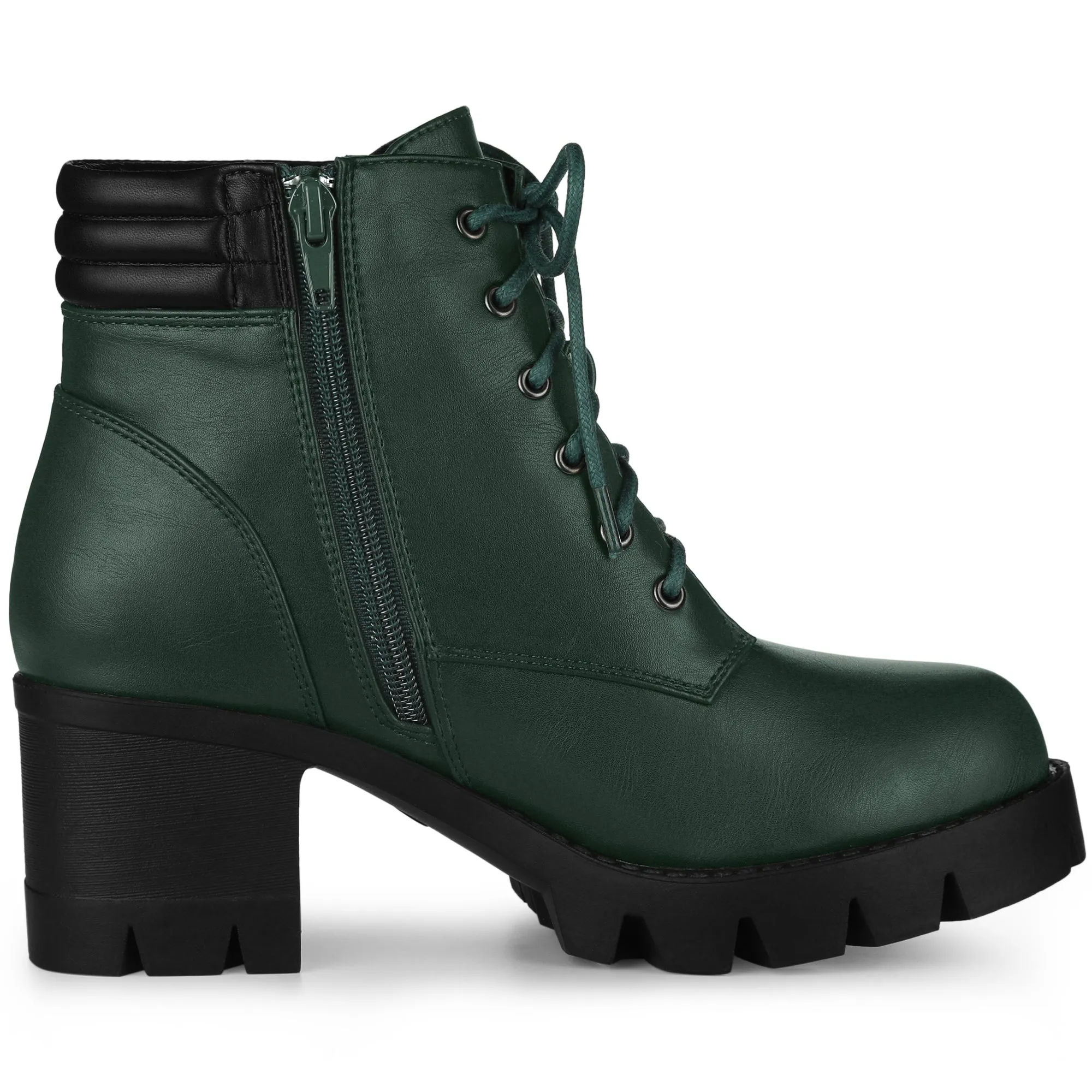 Lug Sole Zip Combat Block Heel Ankle Boots