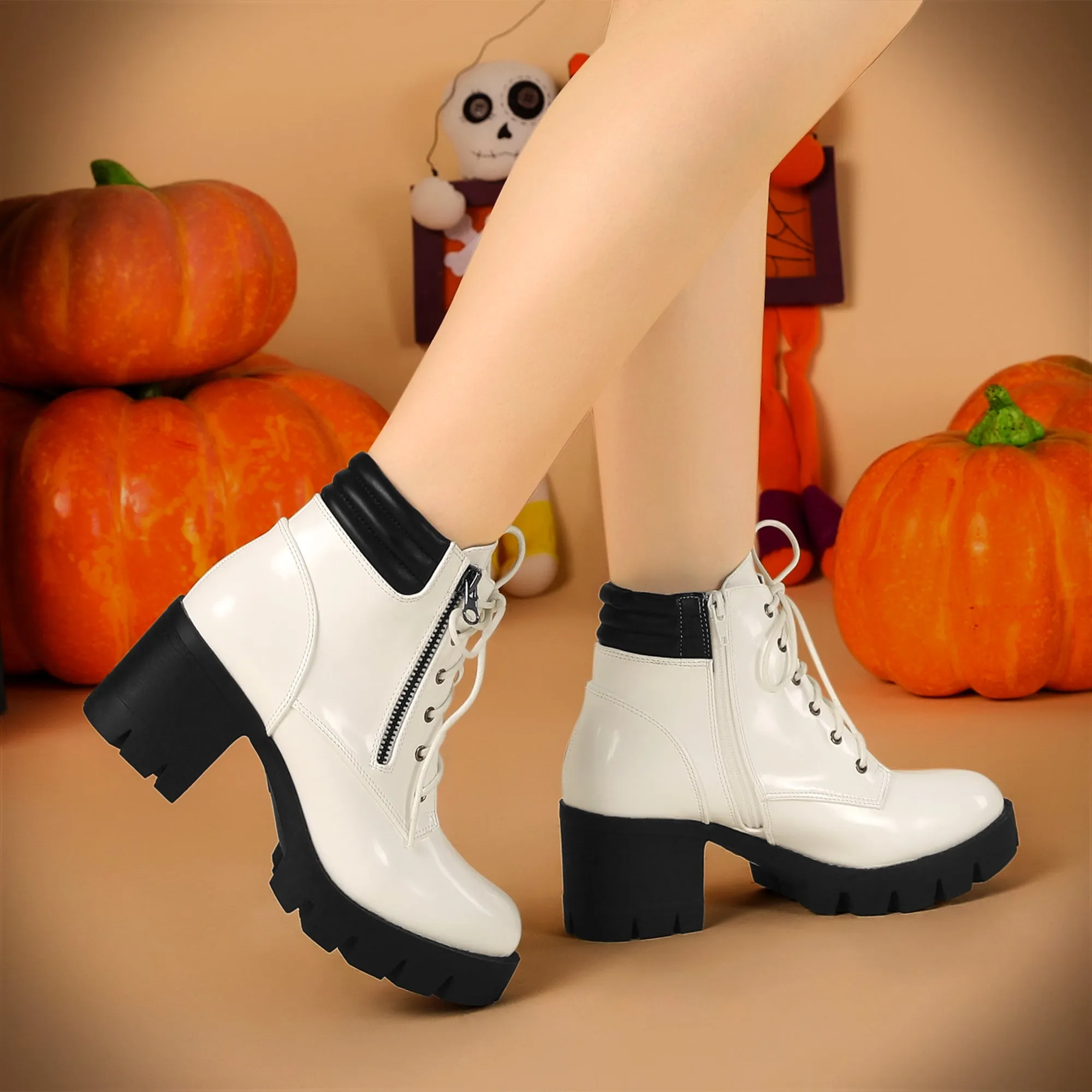 Lug Sole Zip Combat Block Heel Ankle Boots