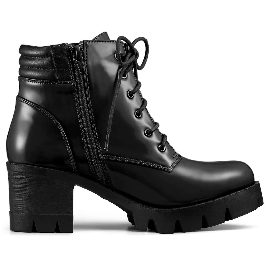 Lug Sole Zip Combat Block Heel Ankle Boots