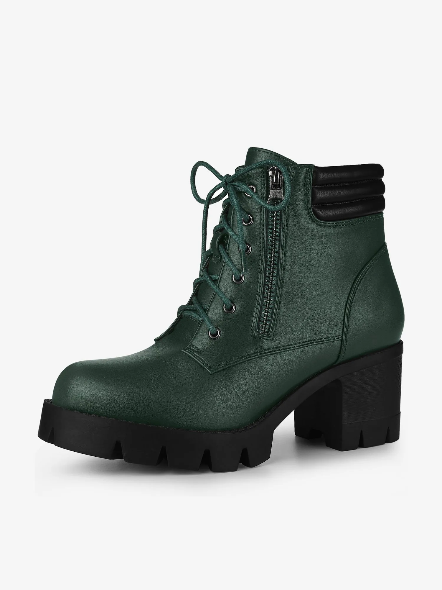 Lug Sole Zip Combat Block Heel Ankle Boots