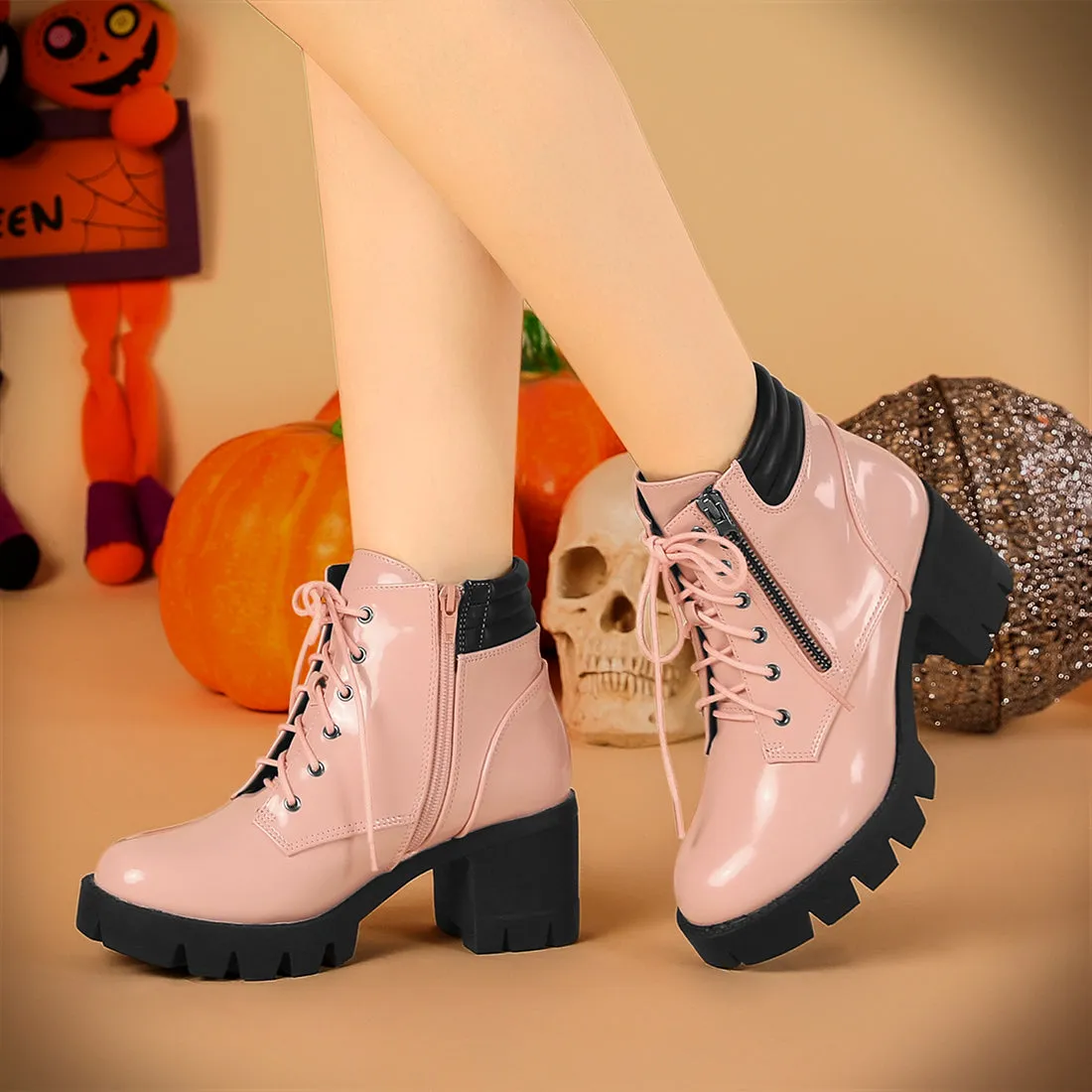 Lug Sole Zip Combat Block Heel Ankle Boots