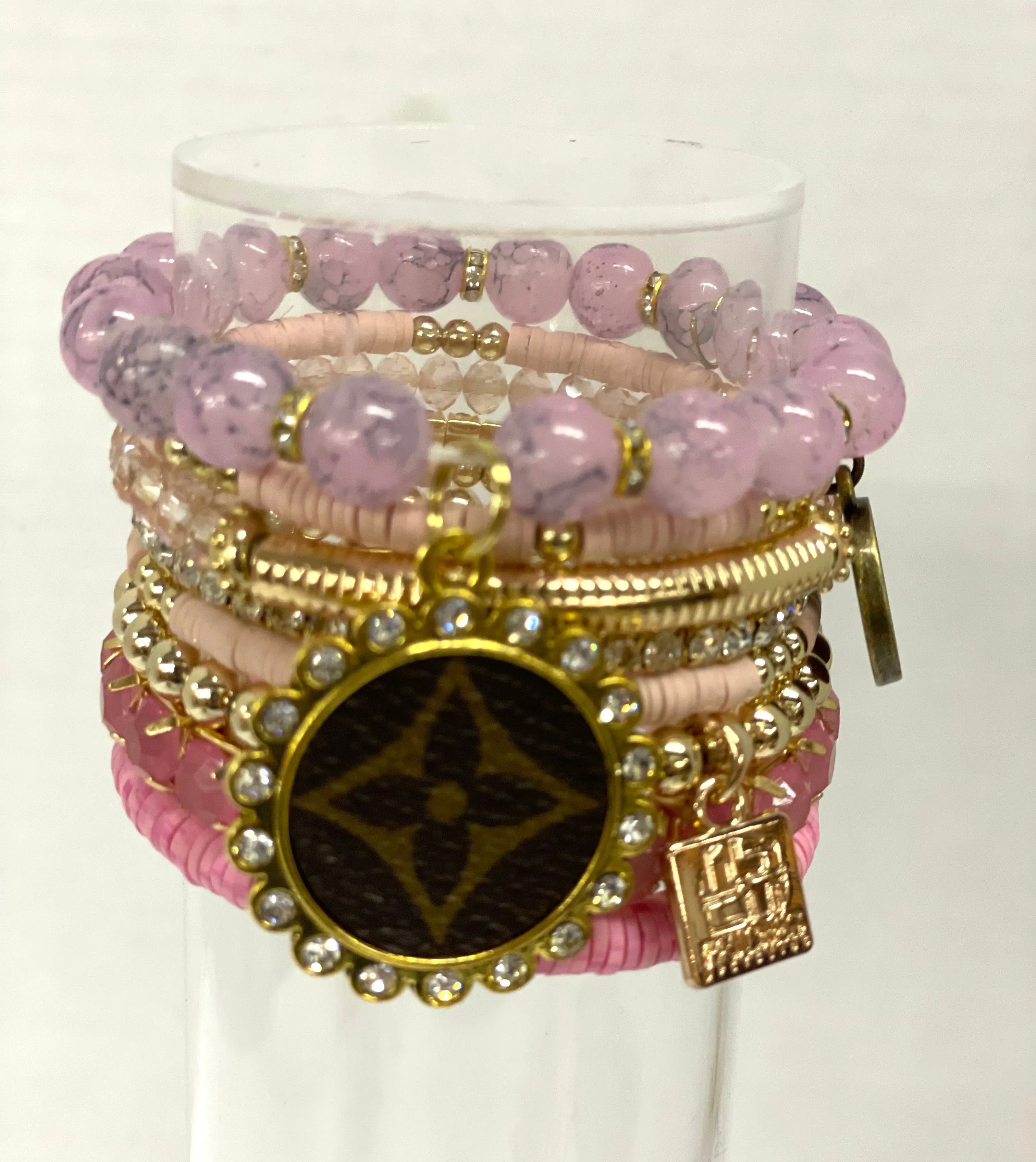 Poppy Pink Stacked Bracelet set- Gold Clear